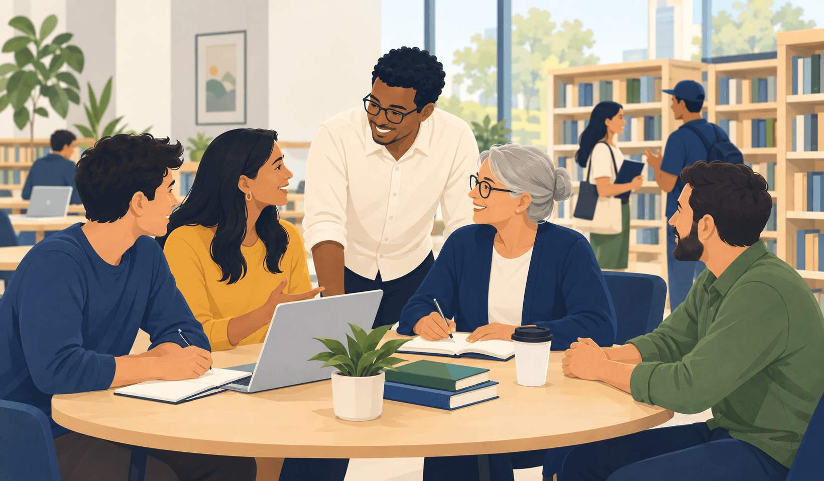 Illustration of small-business owners talking around a table in a public library